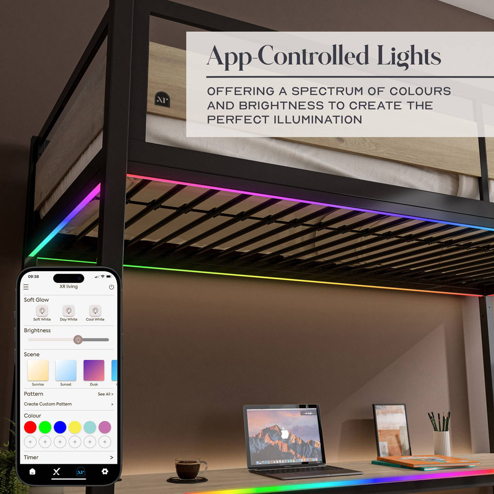 XR Living Denver Single Oak and Black High Sleeper with Storage and App Controlled LED Lights Image 3