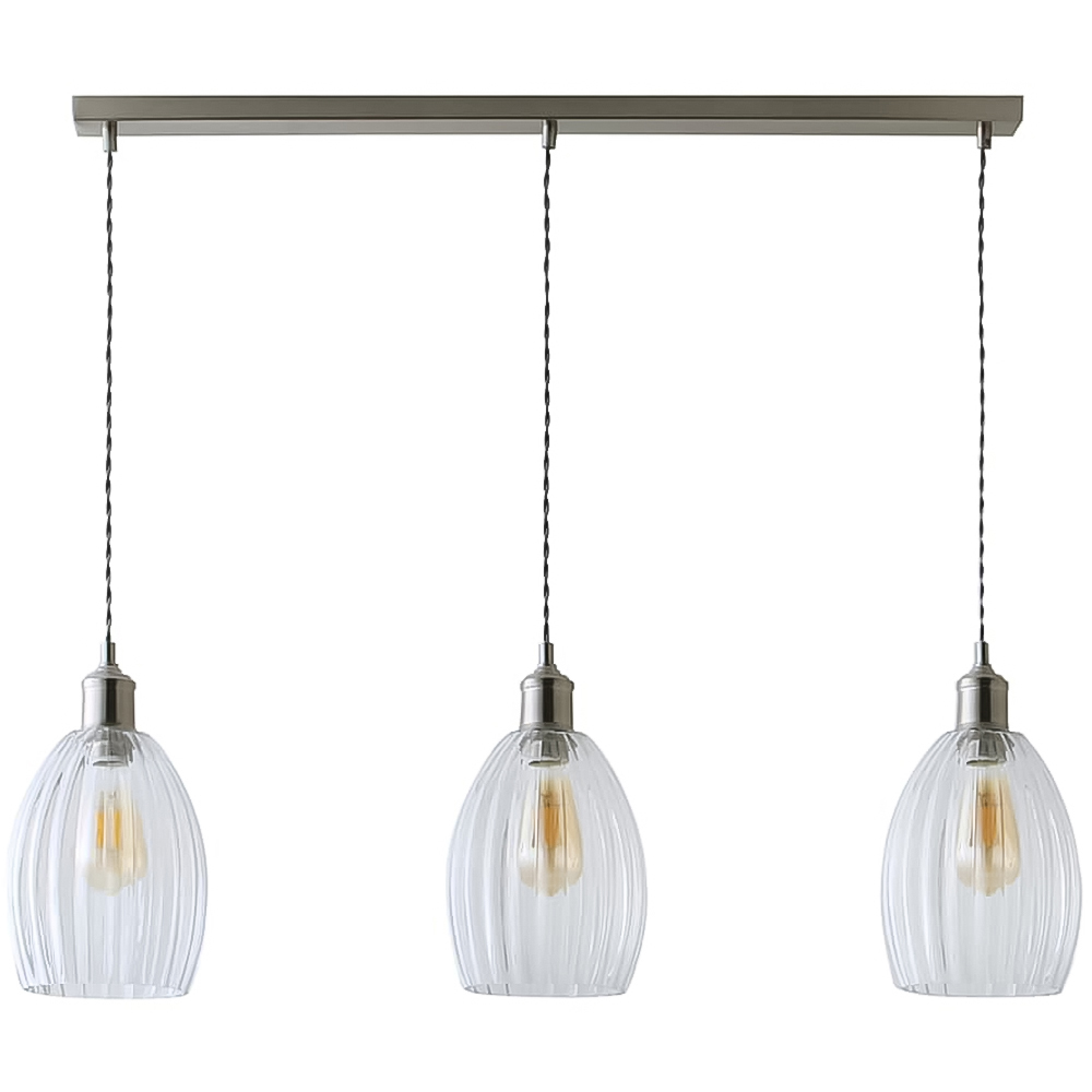 ValueLights Cheltenham Ribbed Shades Brushed Gold 3 Drop Bar Ceiling Light with Bulbs Image 1