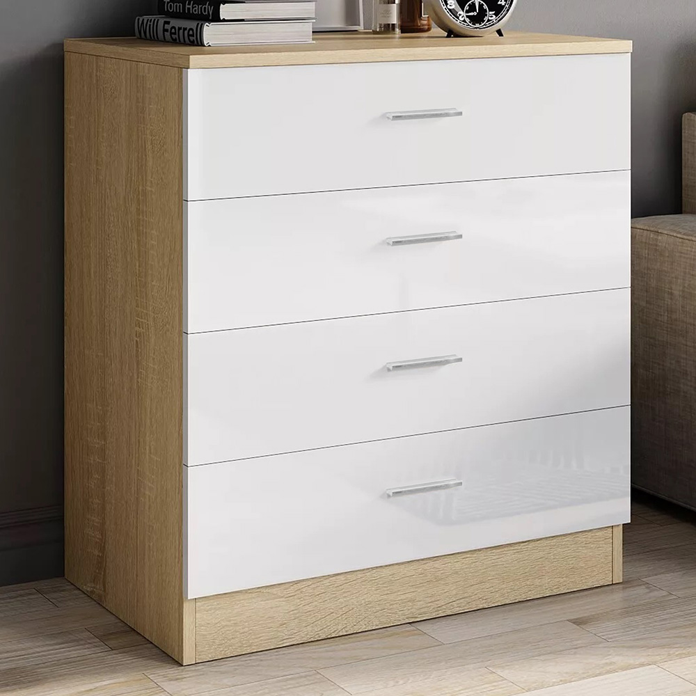 Brooklyn 4 Drawer Oak and White High Gloss Chest of Drawers Image 1