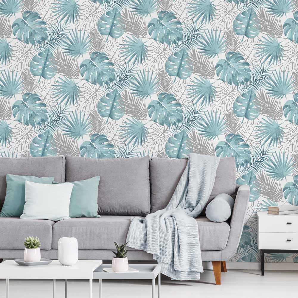 Muriva Tropical Leaves Blue Wallpaper Image 3