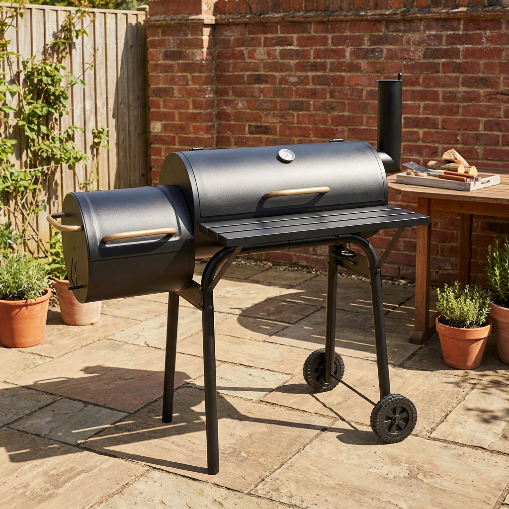 Black Houston Smoker BBQ with Grill Gold Handles Image 2