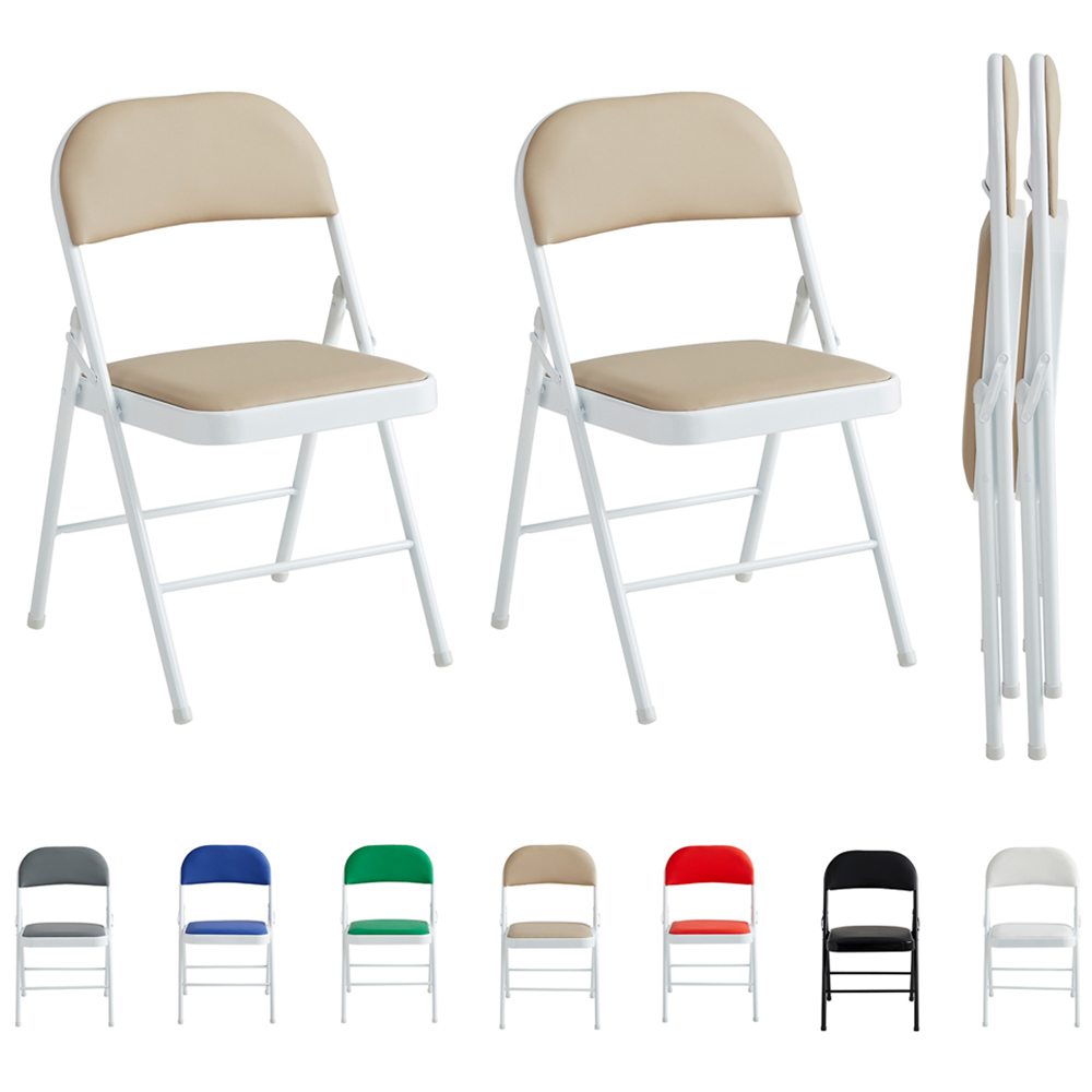 Set of 2 Beige Padded Folding Metal Dining Chairs Image 2