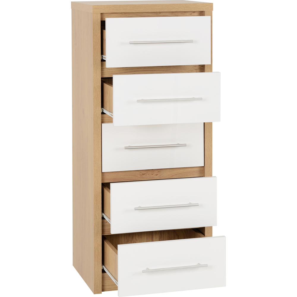 Seconique Seville 5 Drawer White Gloss Light Oak Effect Veneer Narrow Chest of Drawers Image 4