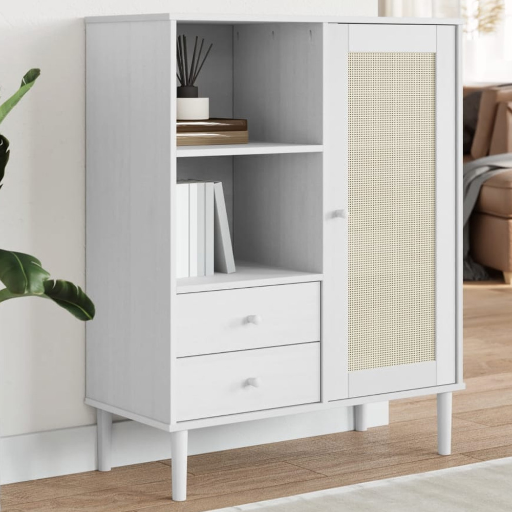 vidaXL Senja Single Door 2 Drawer 2 Shelf White Solid Pine Wood Rattan Look Highboard Image 1