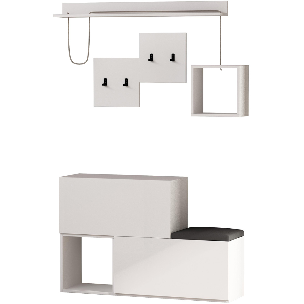 Decortie Holdon 2 Door 2 Shelf 4 Hooks White Shoe Cabinet with Hanging Rail and Bench Image 2