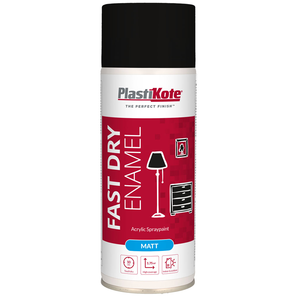PlastiKote Black Fast Dry Enamel Acrylic Matt Spray Paint Image 1