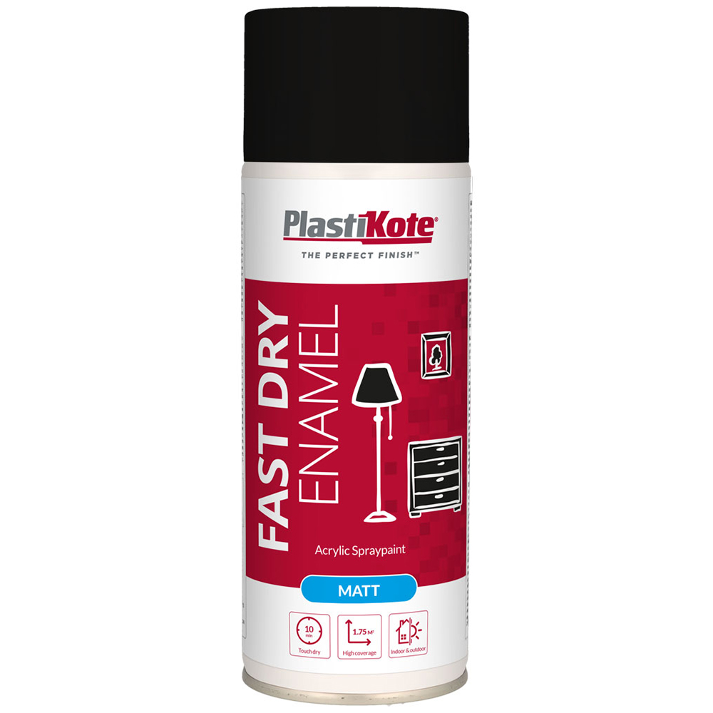 PlastiKote Black Fast Dry Enamel Acrylic Matt Spray Paint Wilko
