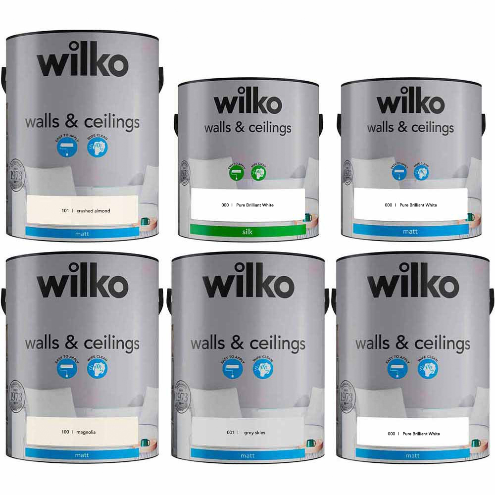 Wilko 4 Rooms Magnolia Crushed Almond Grey Skies and Pure Brilliant White Paint Bundle Image 1