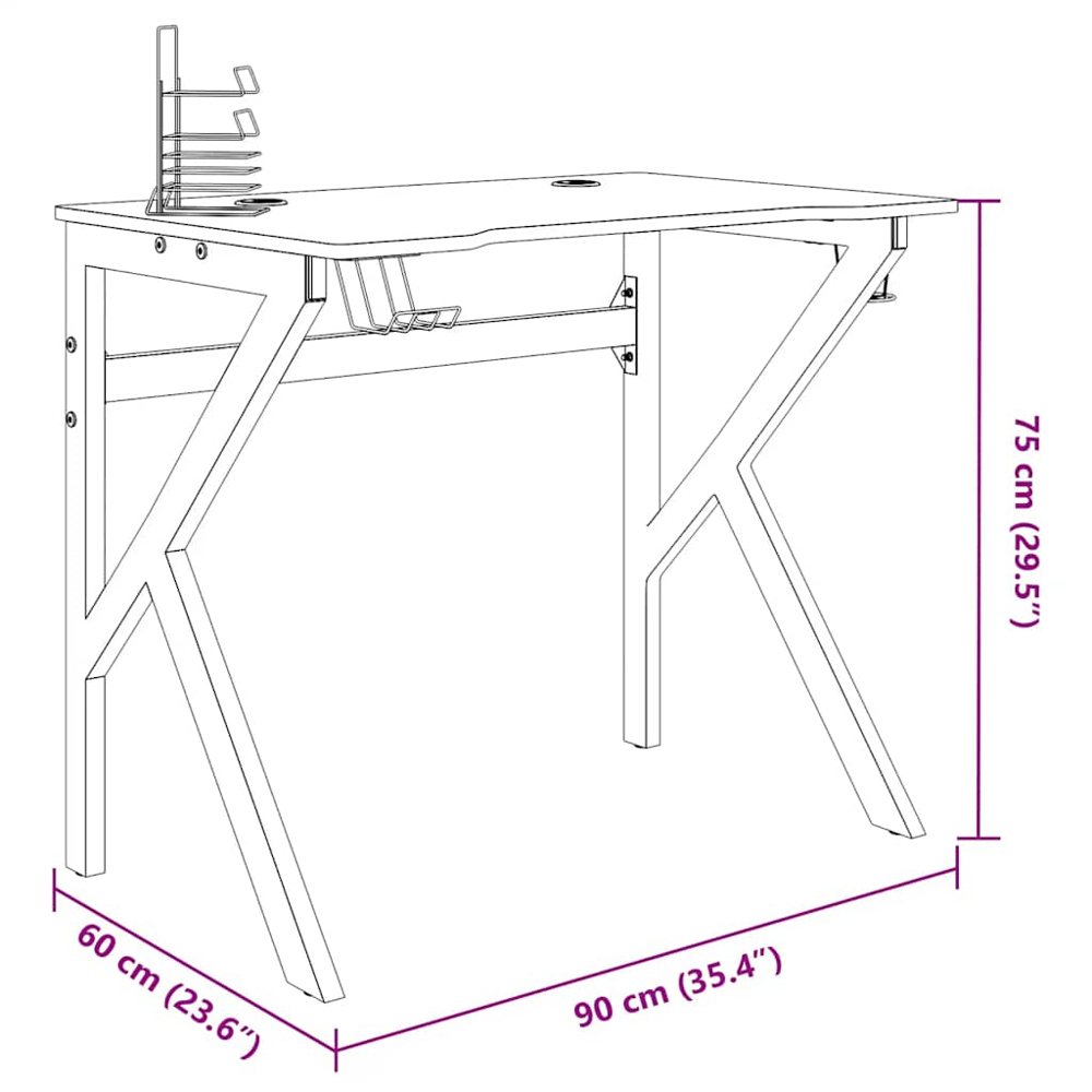 vidaXL K-Shaped Leg Gaming Desk with Headphone Holder Black 90cm Image 7
