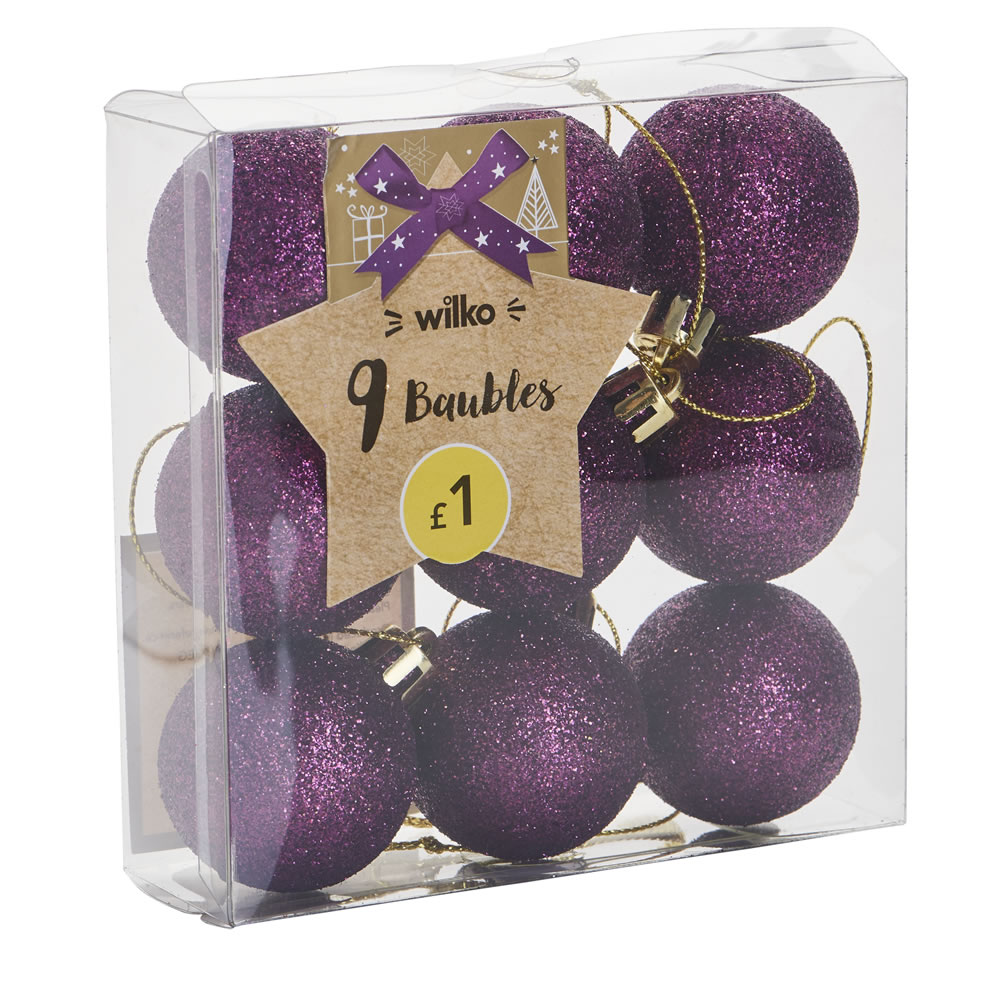 Wilko 9 pack Midnight Magic Purple Glitter Christmas Baubles Wilko