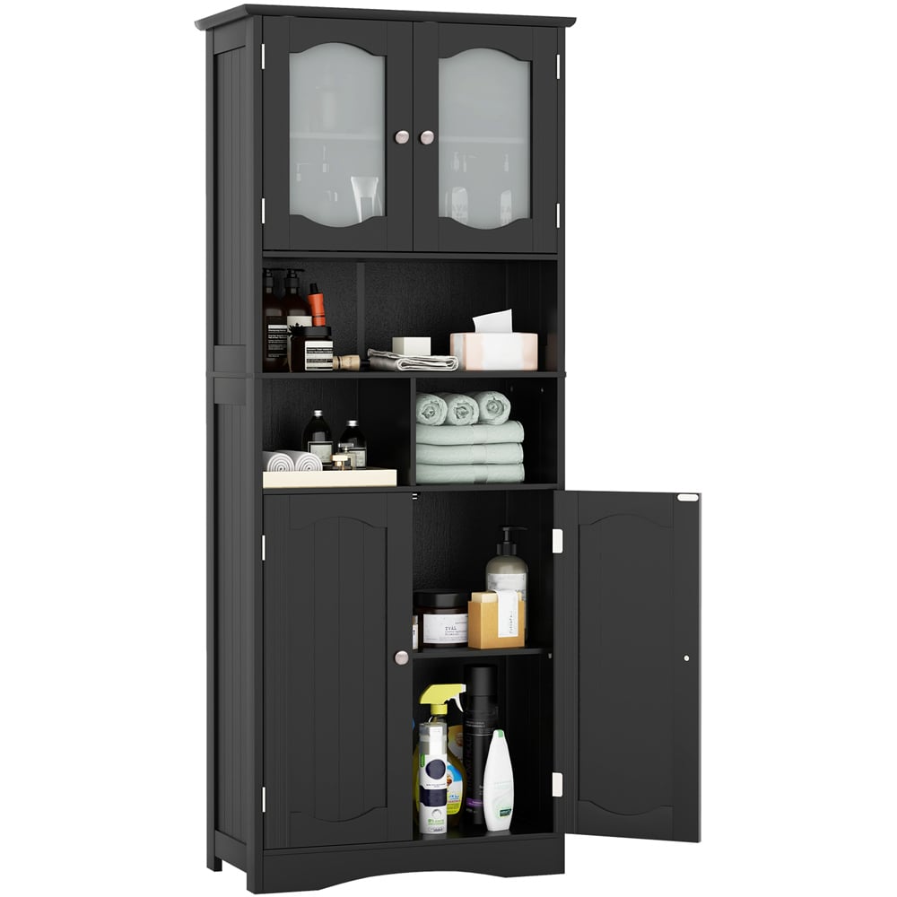 Costway 4 Glass Door 3 Shelf Black Tall Bathroom Cabinet 148cm Image 3