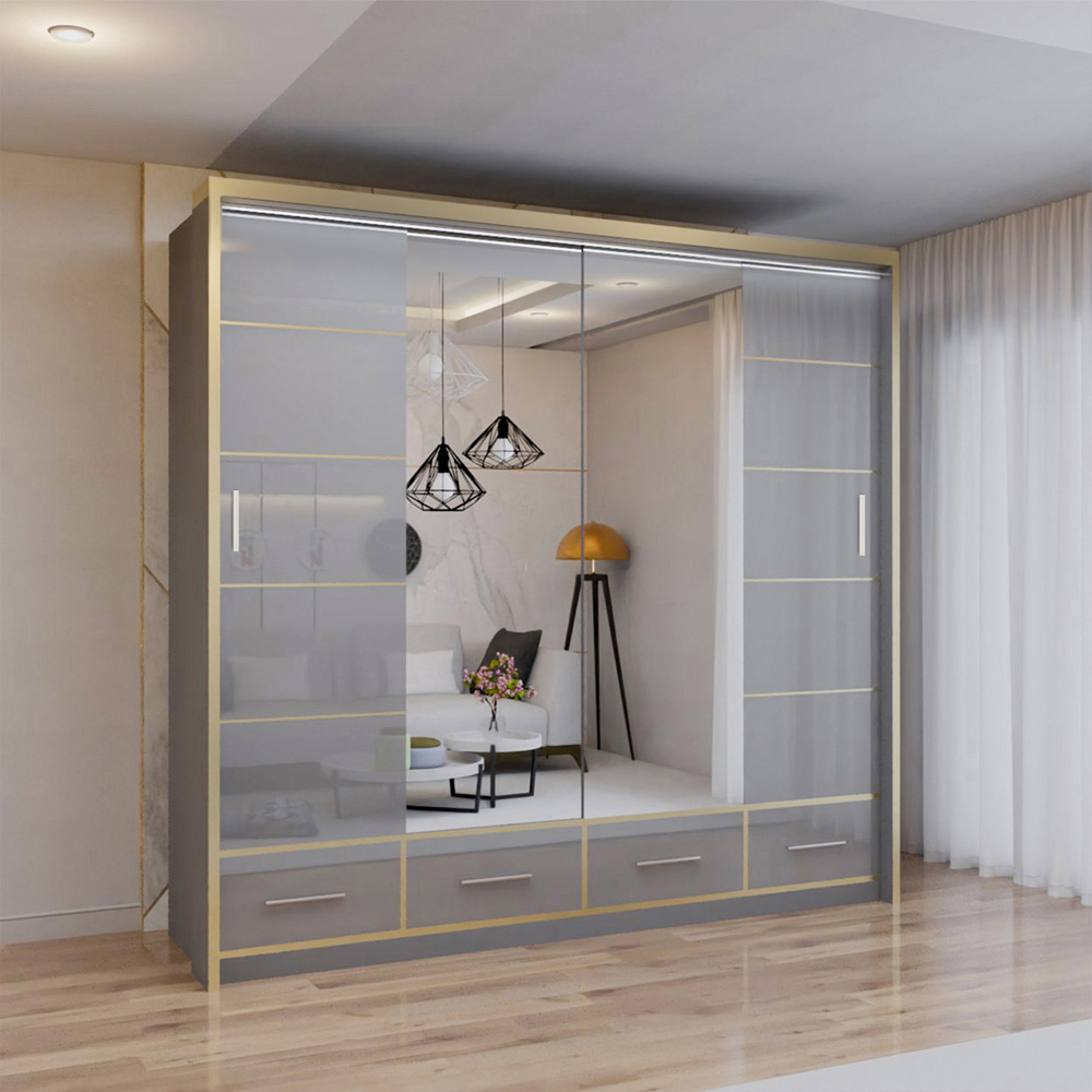Modern High Gloss Sliding Wardrobe with Mirror, Shelves & Drawers - Grey 203cm Image 3
