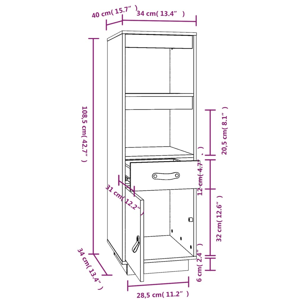 vidaXL Single Door Single Drawer 2 Shelf Black Pine Wood Highboard Image 9
