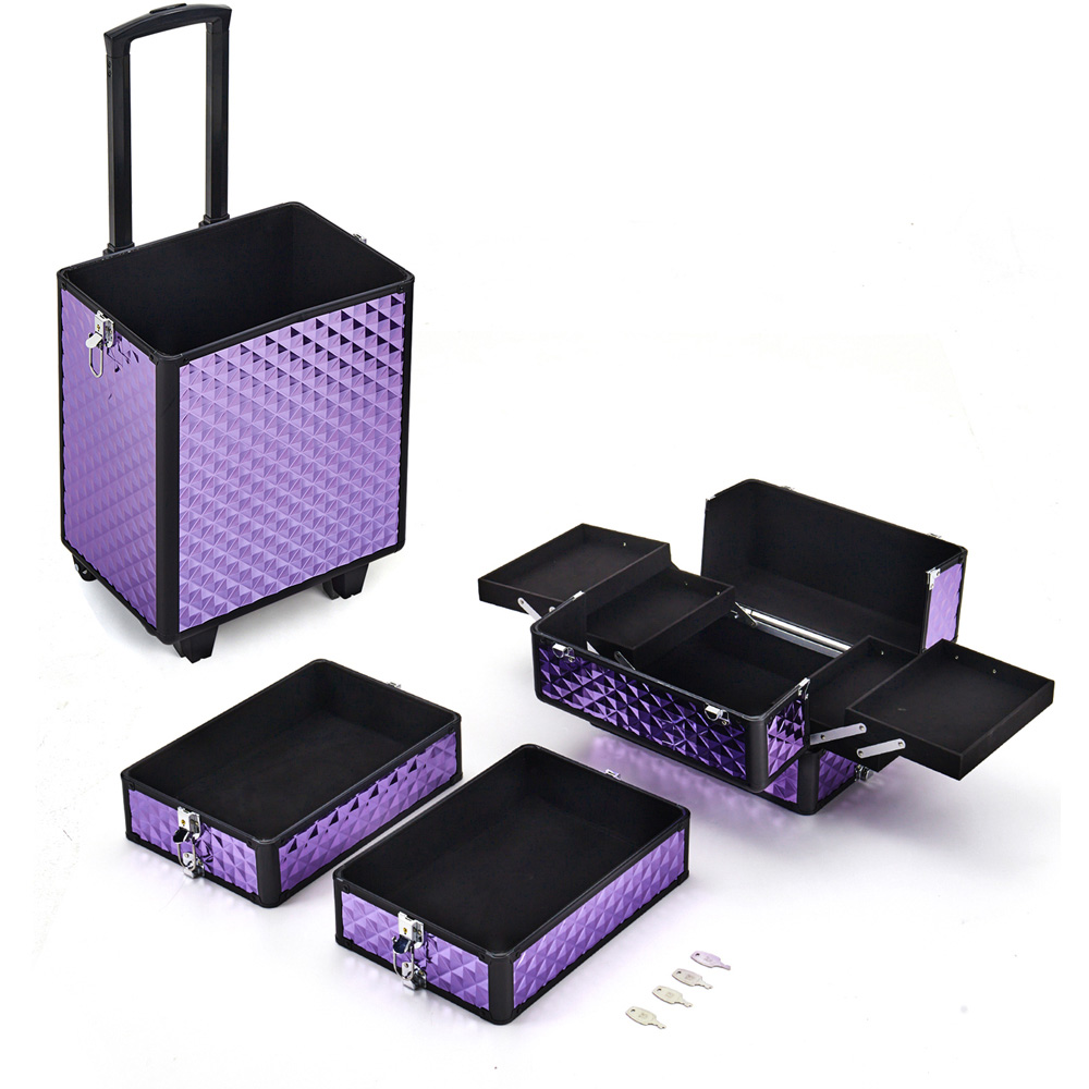 Living and Home Purple Diamond Pattern Makeup Train Trolley Case Image 3