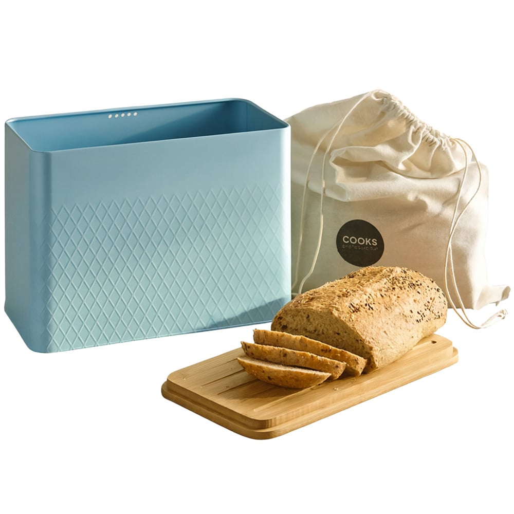 Cooks Professional Blue Diamond Pattern Bread Bin with Linen Bag and Bamboo Lid Image 1