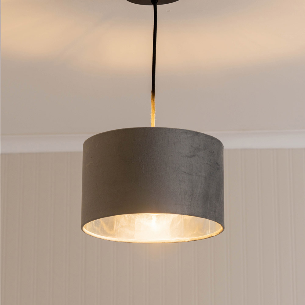 ValueLight Reni Small Grey Velvet Metallic Chrome Inner Pendant Ceiling Lamp Shade Image 3