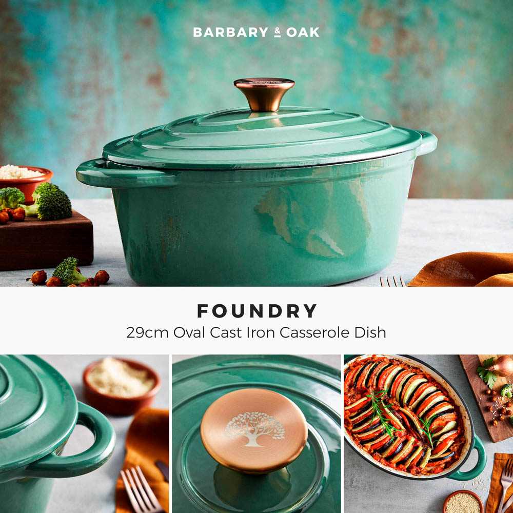 Barbary & Oak 29cm Verdigris Green Cast Iron Oval Casserole Dish with Domed Lid Image 2