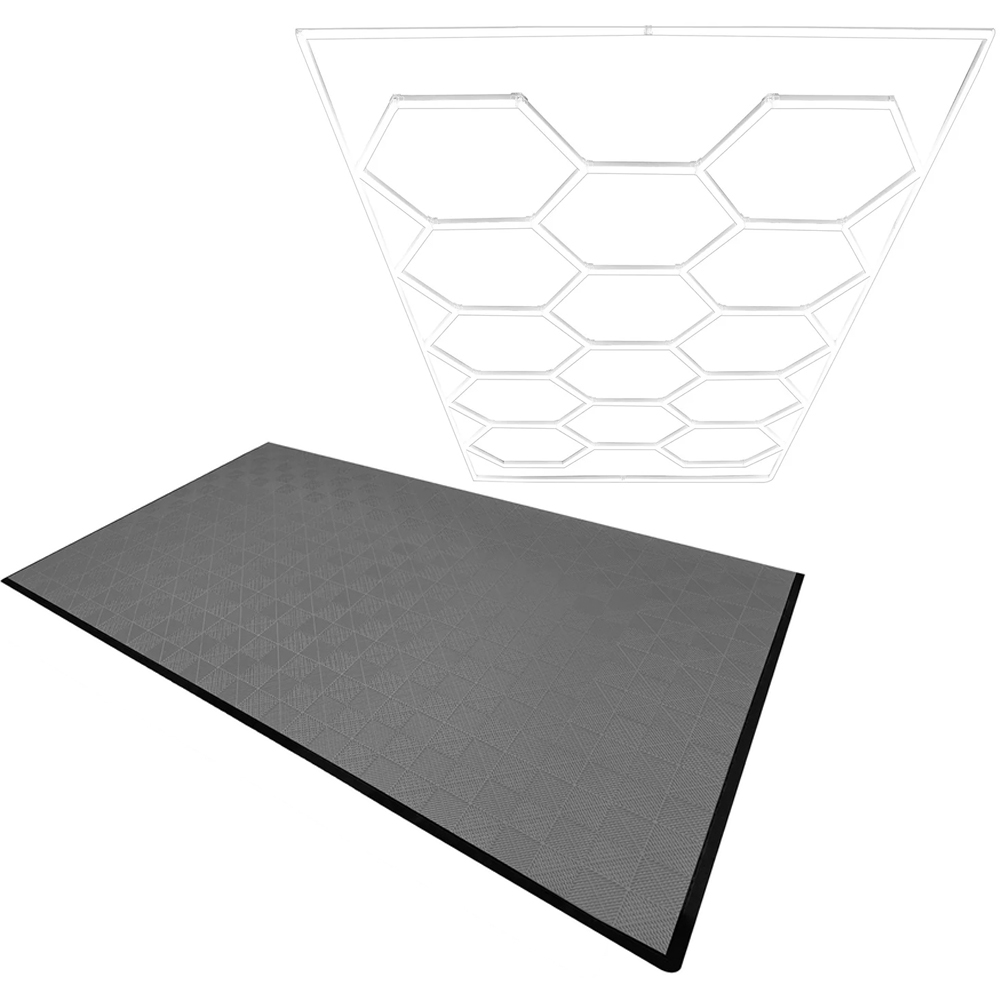 MonsterShop 120 Grey Vented Garage Floor Tiles with Edges and 14 Hexagon LED Light Image 1