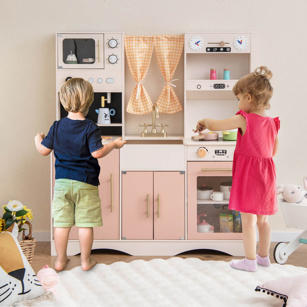 Costway Pink Kids Wooden Play Kitchen with Microwave and Ice Maker and Sound Image 2
