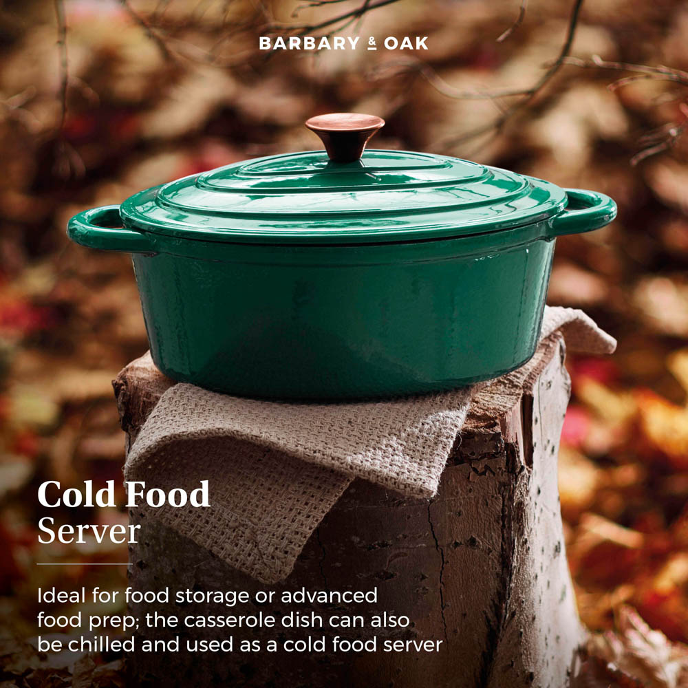 Barbary & Oak 29cm Verdigris Green Cast Iron Oval Casserole Dish with Domed Lid Image 6