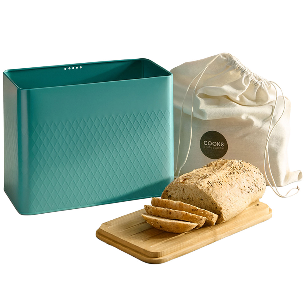 Cooks Professional Teal Diamond Pattern Bread Bin with Linen Bag and Bamboo Lid Image 1
