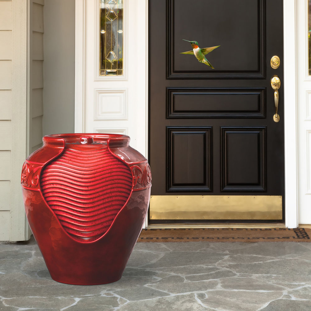 Teamson Home Red Glazed Pot Floor LED Light Outdoor Fountain Image 4