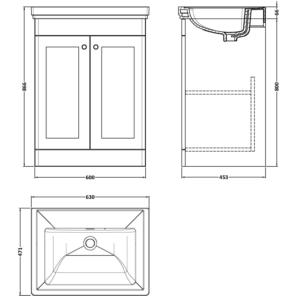 nuie Classique 2 Door Satin White Floor Standing Unit and 0 Tap Hole Fireclay Basin 600mm Image 3