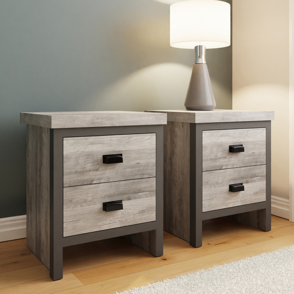 GFW Boston 2 Drawer Grey Bedside Table Set of 2 Image 1