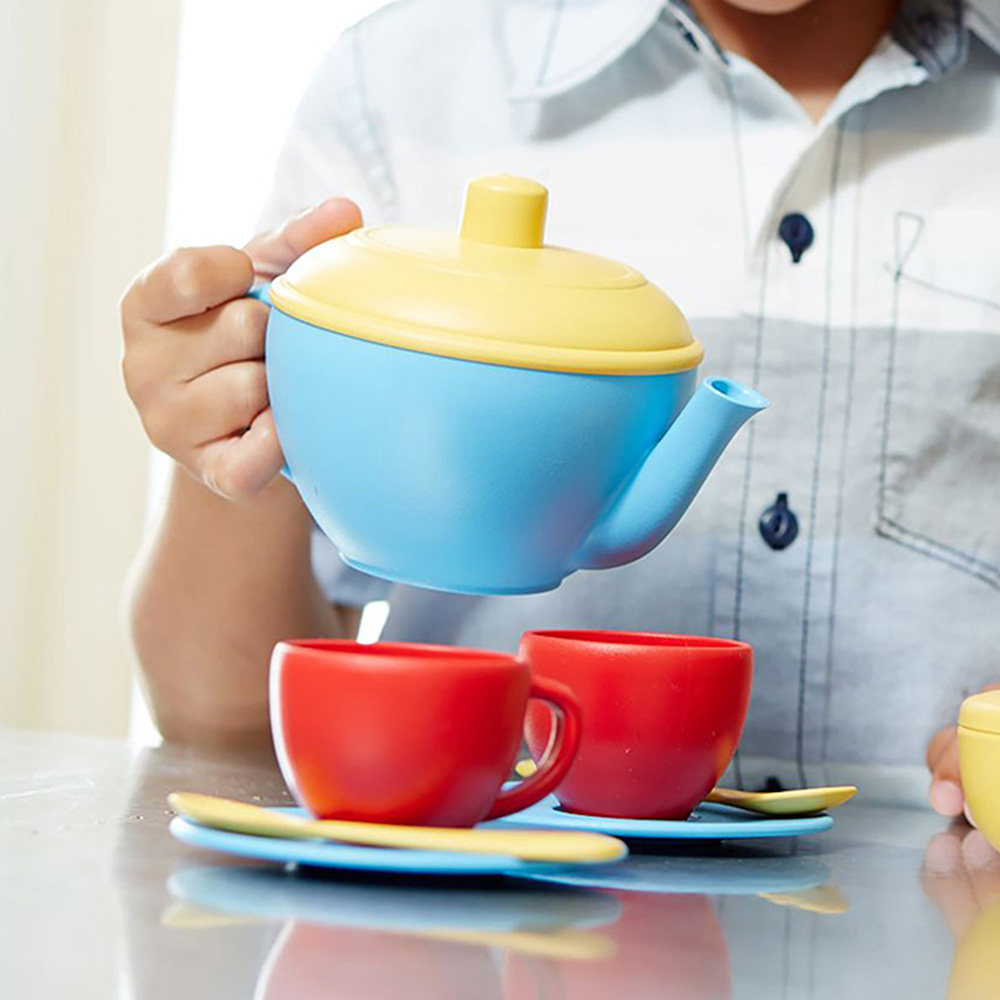 BigJigs Toys Green Toys Tea Set with Blue Teapot Image 3