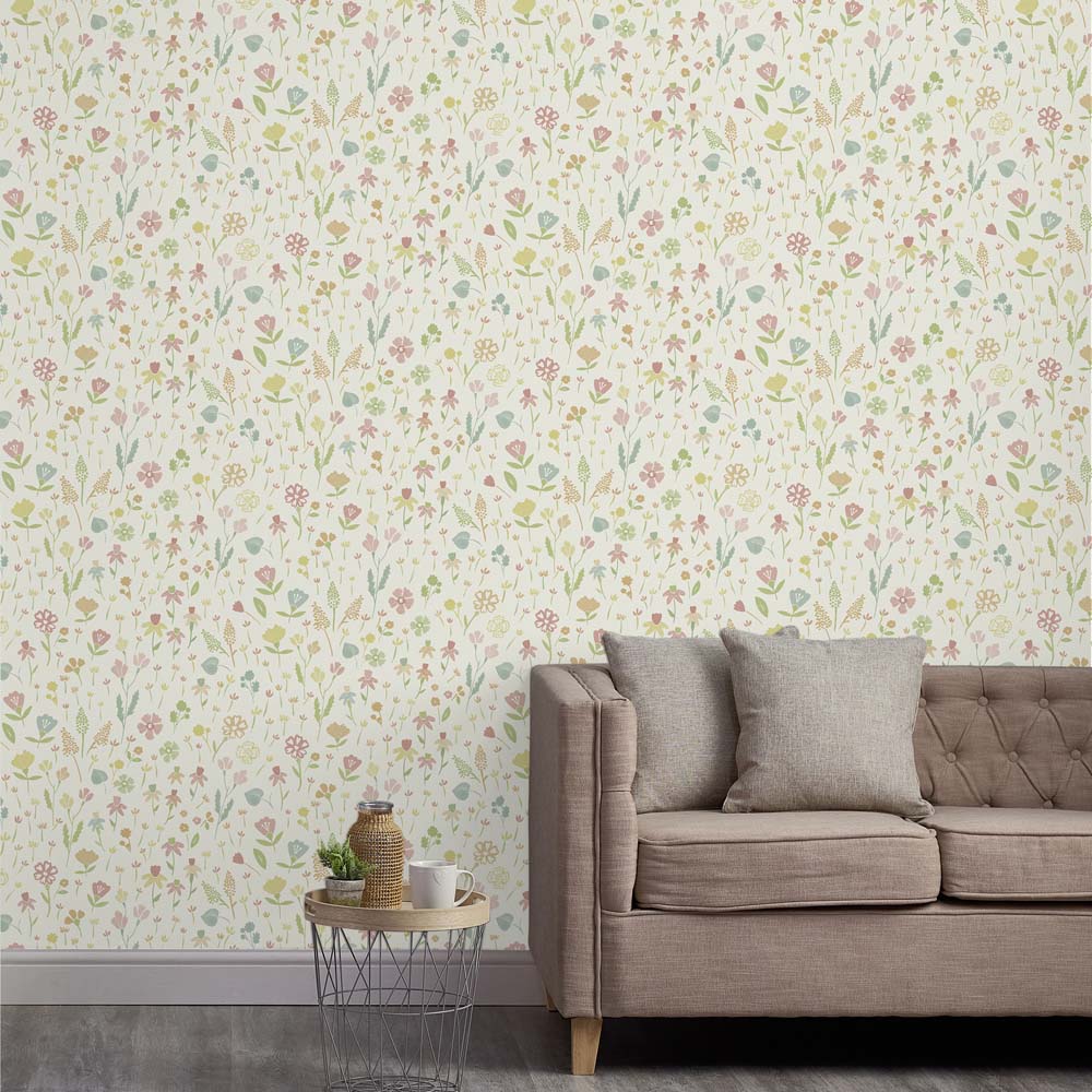 Grandeco Naive Ditsy Garden Flowers Neutral Pink Textured Wallpaper Image 3