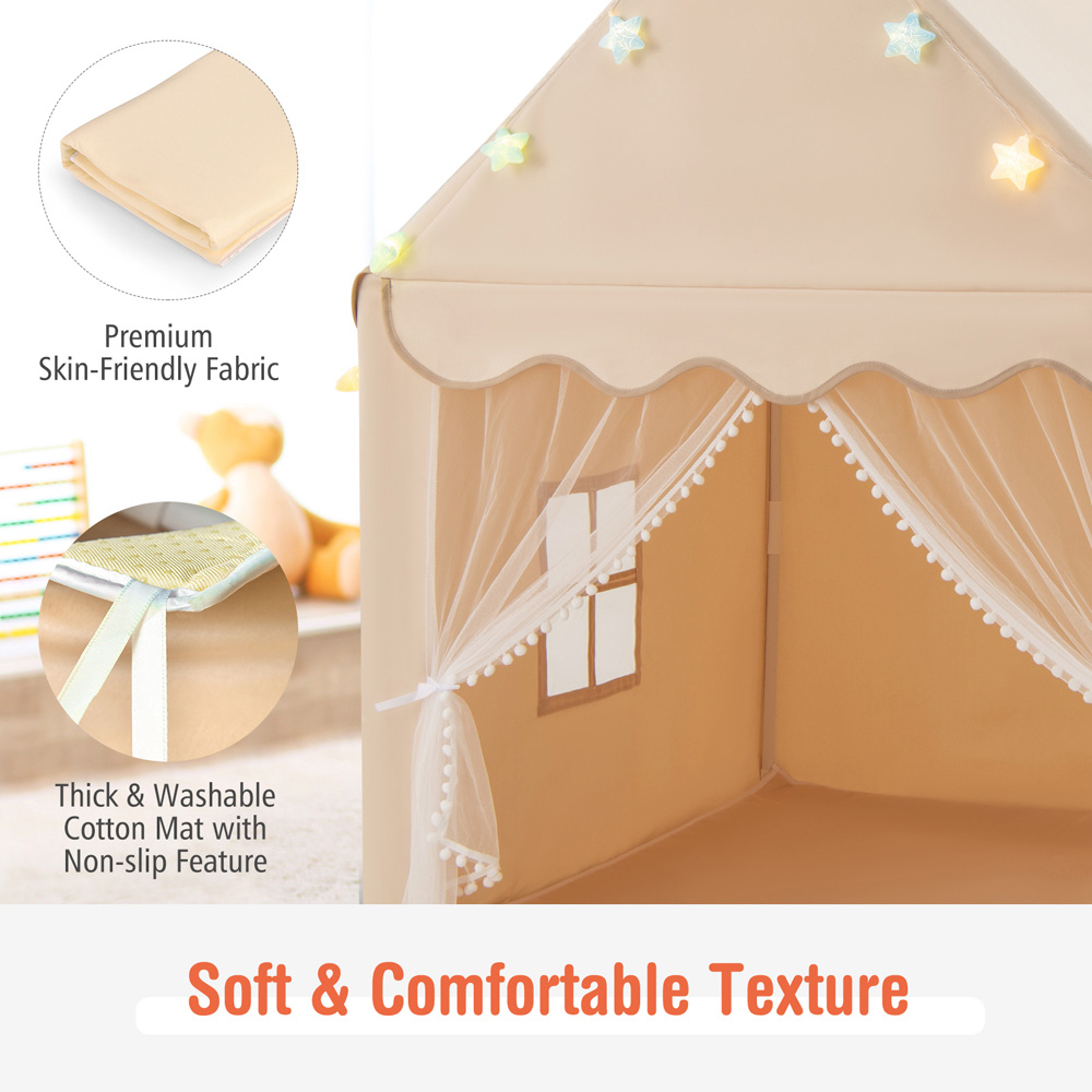 Costway Beige Large Kids Play House with Washable Mat and Star Light Image 6