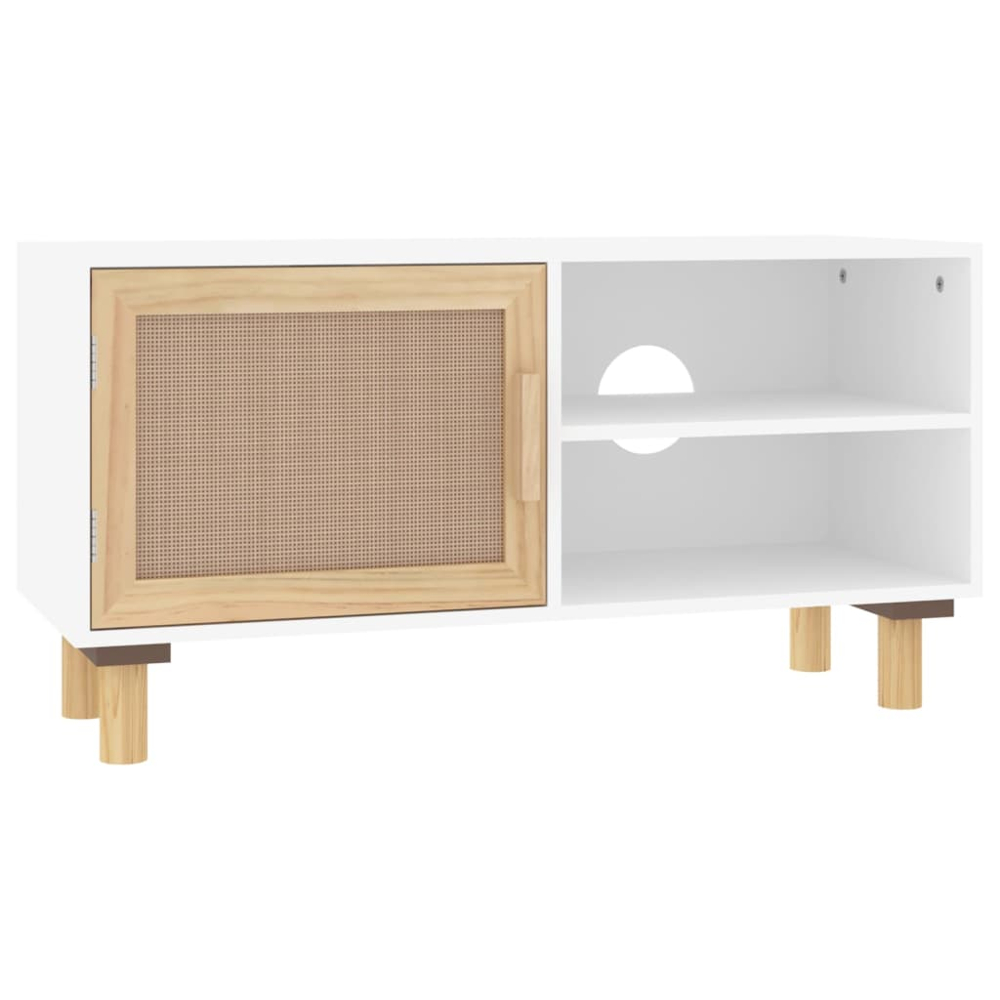 vidaXL Single Door 2 Shelf White Solid Pine Wood and Natural Rattan TV Cabinet Image 2