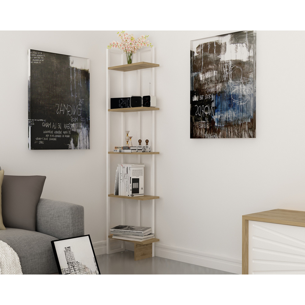 Decorotika Alice 5 Tier White and Oud Oak Corner Bookshelf Image 3