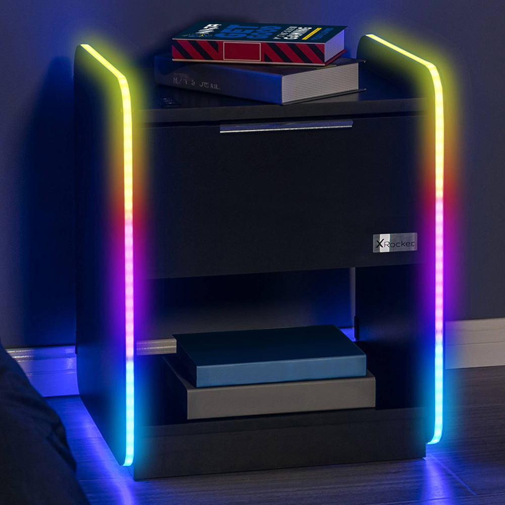 X Rocker Electra Single Drawer Single Shelf Black LED Bedside Table with Charging and App Control Image 1