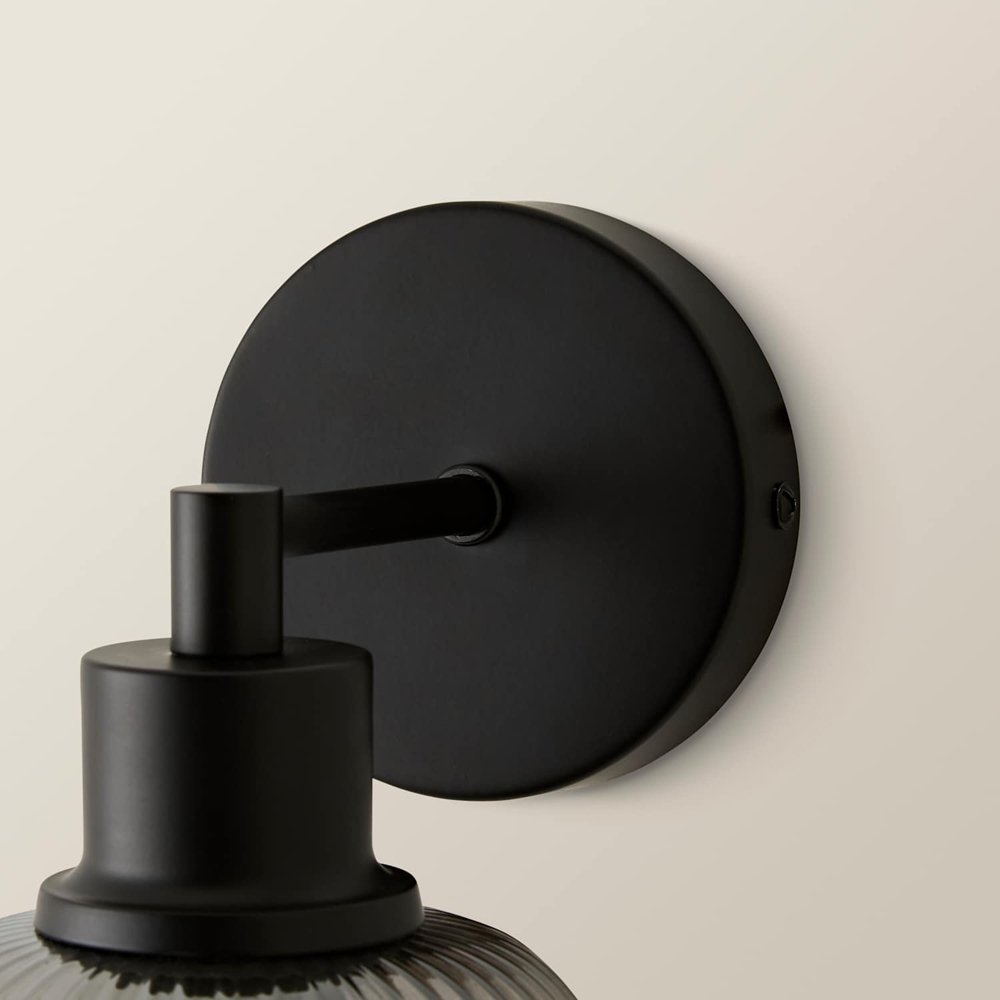 ValueLights Calpe Matte Black Ribbed Smoked Glass Shade Wall Light with Bulb Image 5