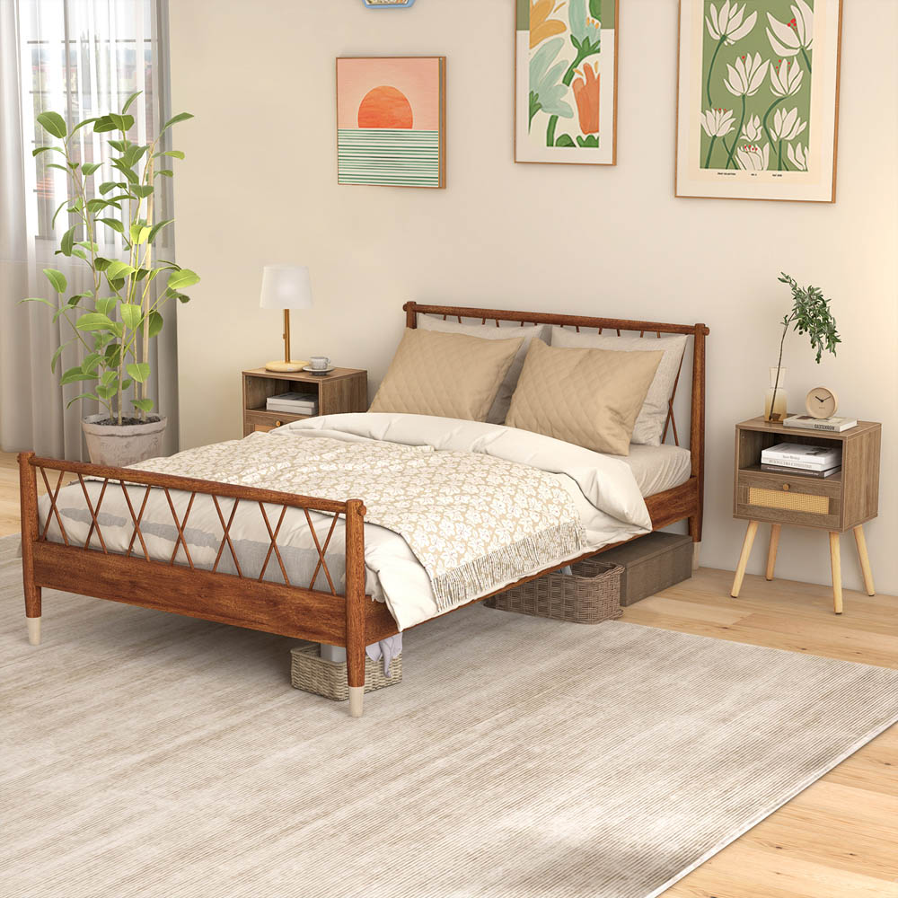 Costway Single Drawer Single Shelf Natural Rattan Bedside Table Set of 2 Image 4