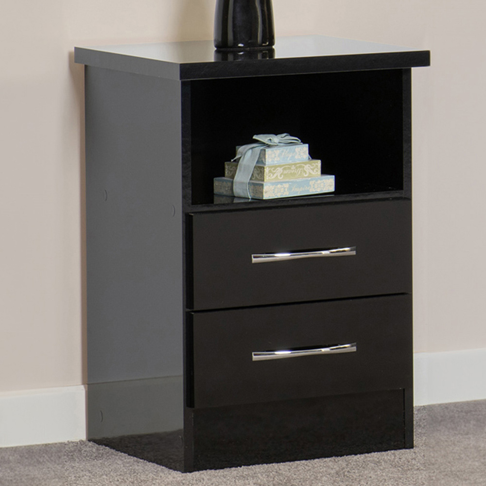 Seconique Nevada 2 Drawer Black Gloss Bedside Table Image 1