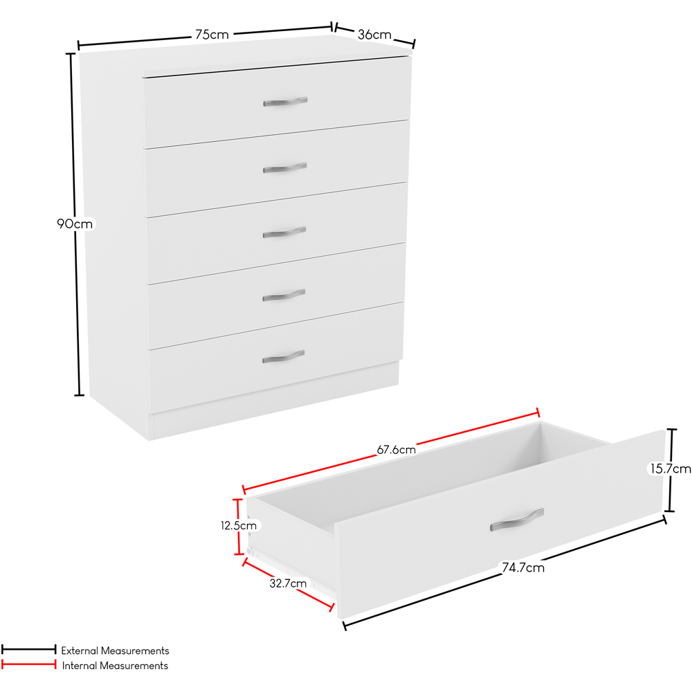 VIDA DESIGNS Riano 5 Drawer White Unique Anti Bowing Chest of Drawers with Metal Handles Image 9