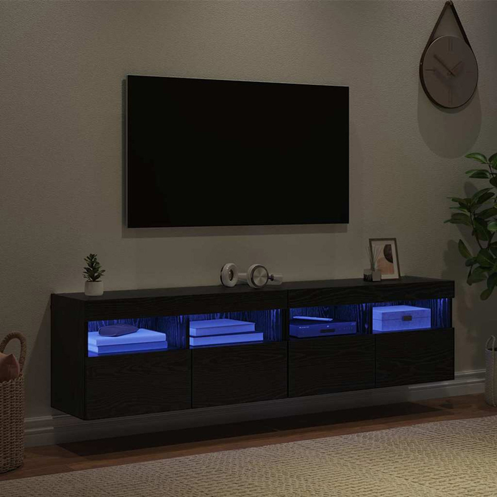 vidaXL 2 Door 2 Shelf Black Oak TV Cabinet with LED Lights Set of 2 Image 5