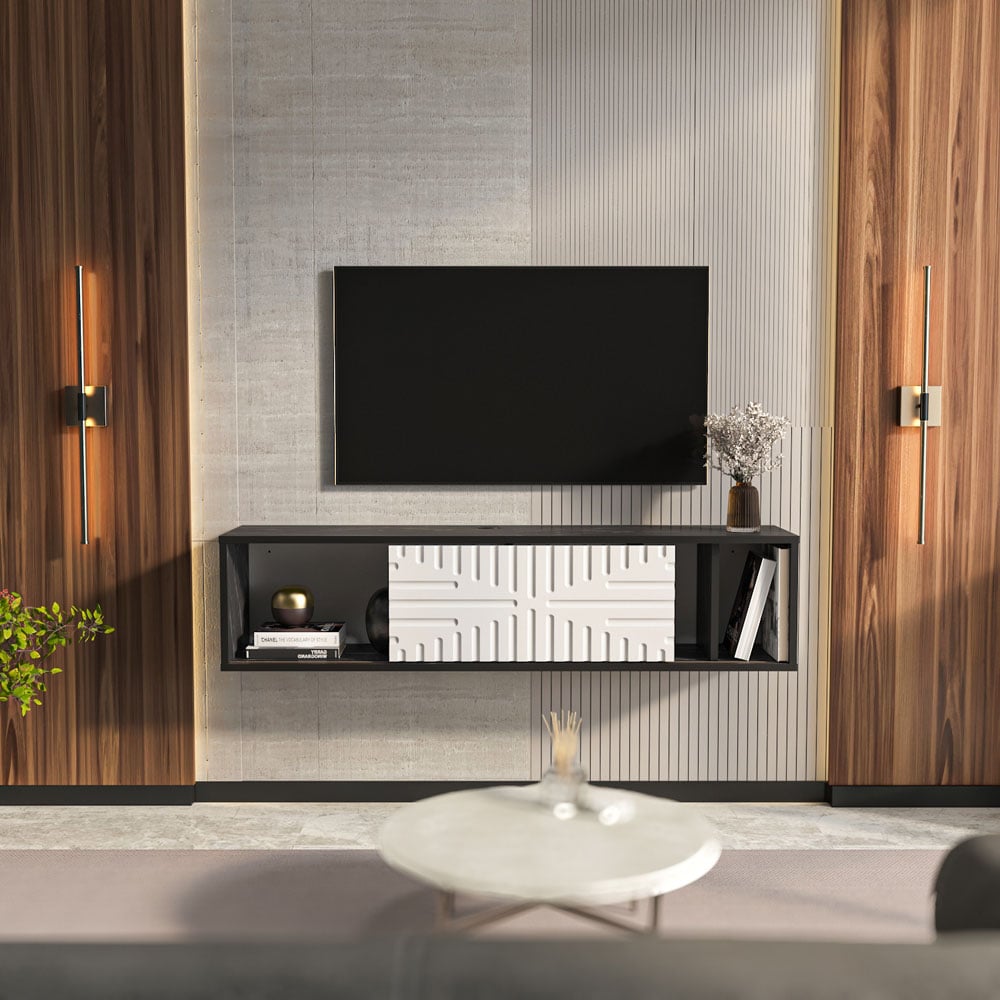 Decorotika Single Door 3 Shelf Black Marble and White Floating TV Unit Image 8