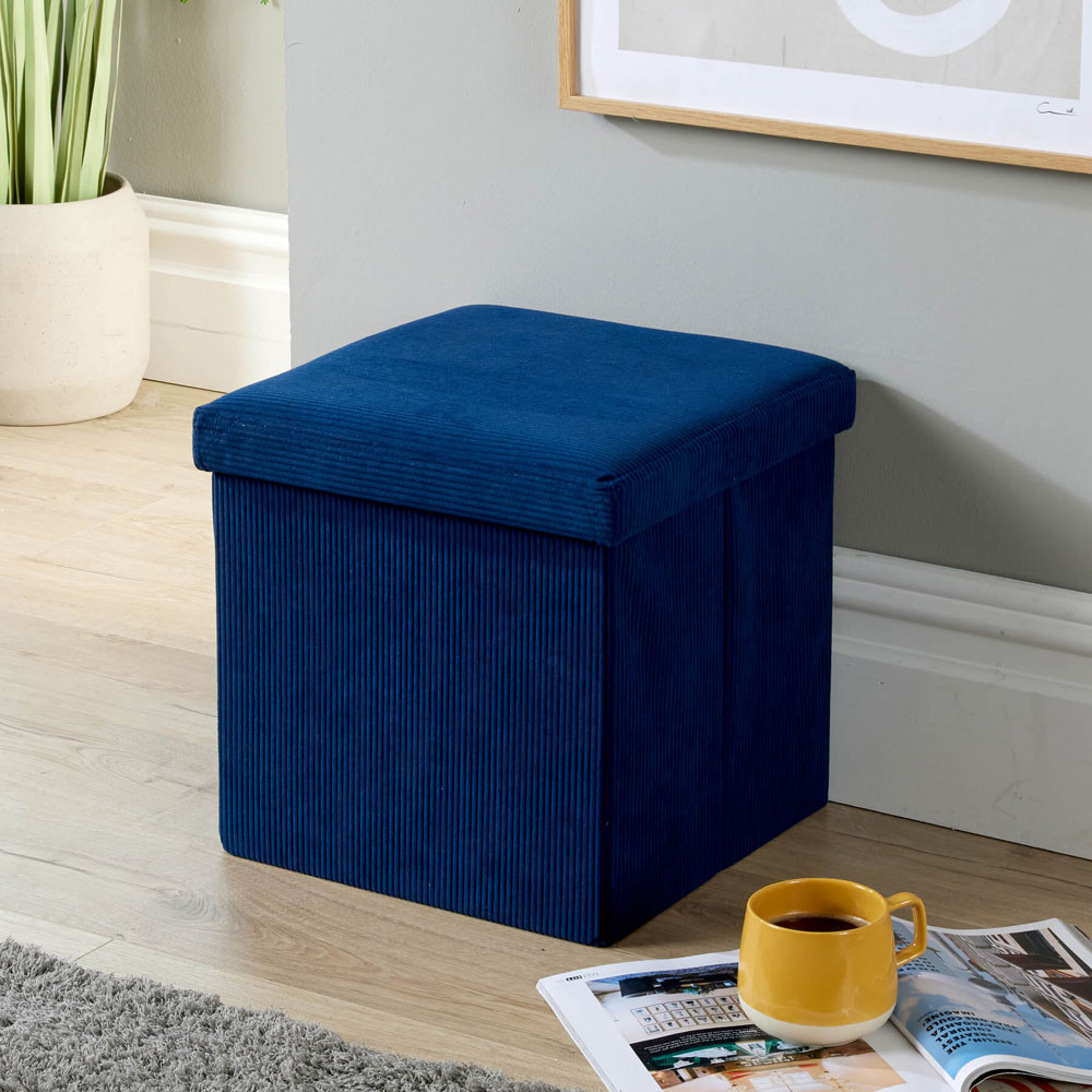 Home Source Blue Corduroy Upholstered Folding Ottoman Image 7