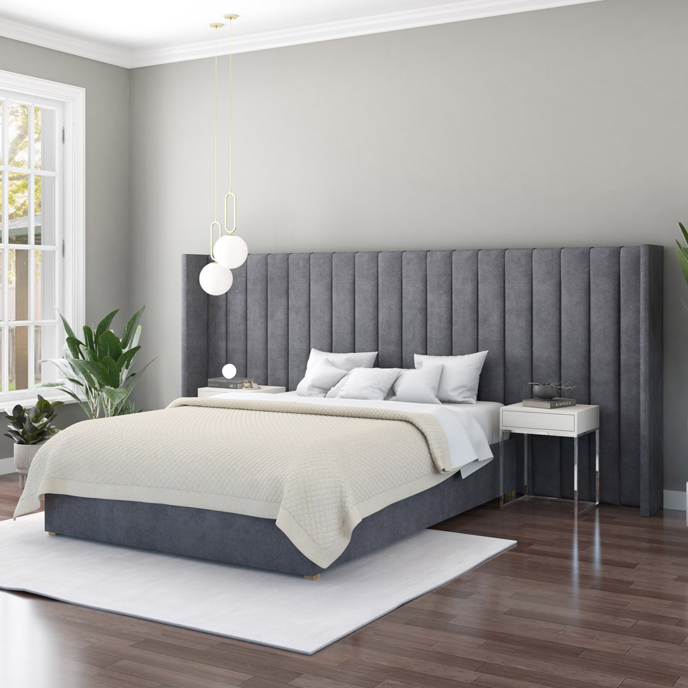 Aspire Furniture Grandeur Steel Plush Velvet Wing Headboard Image 2