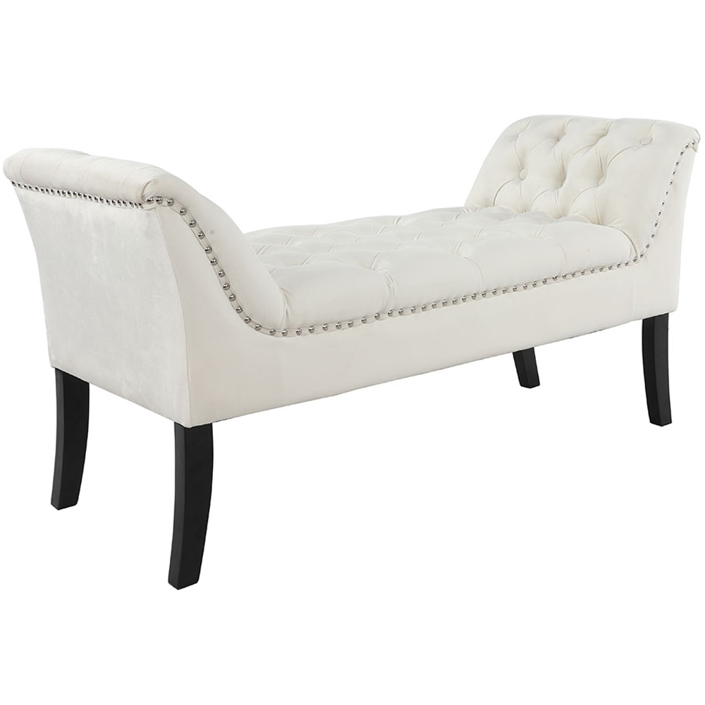 Living and Home Creamy White Modern Soft Velvet Buttoned Armed Bench Image 2
