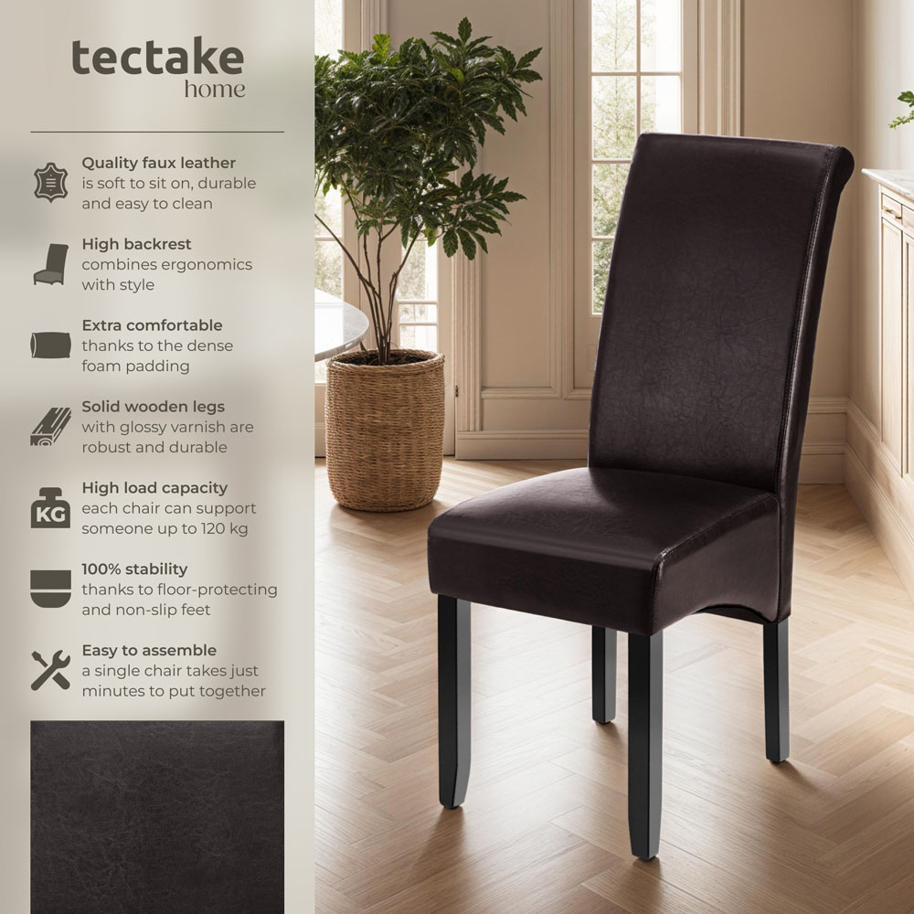 tectake Set of 2 Brown Faux Leather High Backrest Dining Chair Image 6