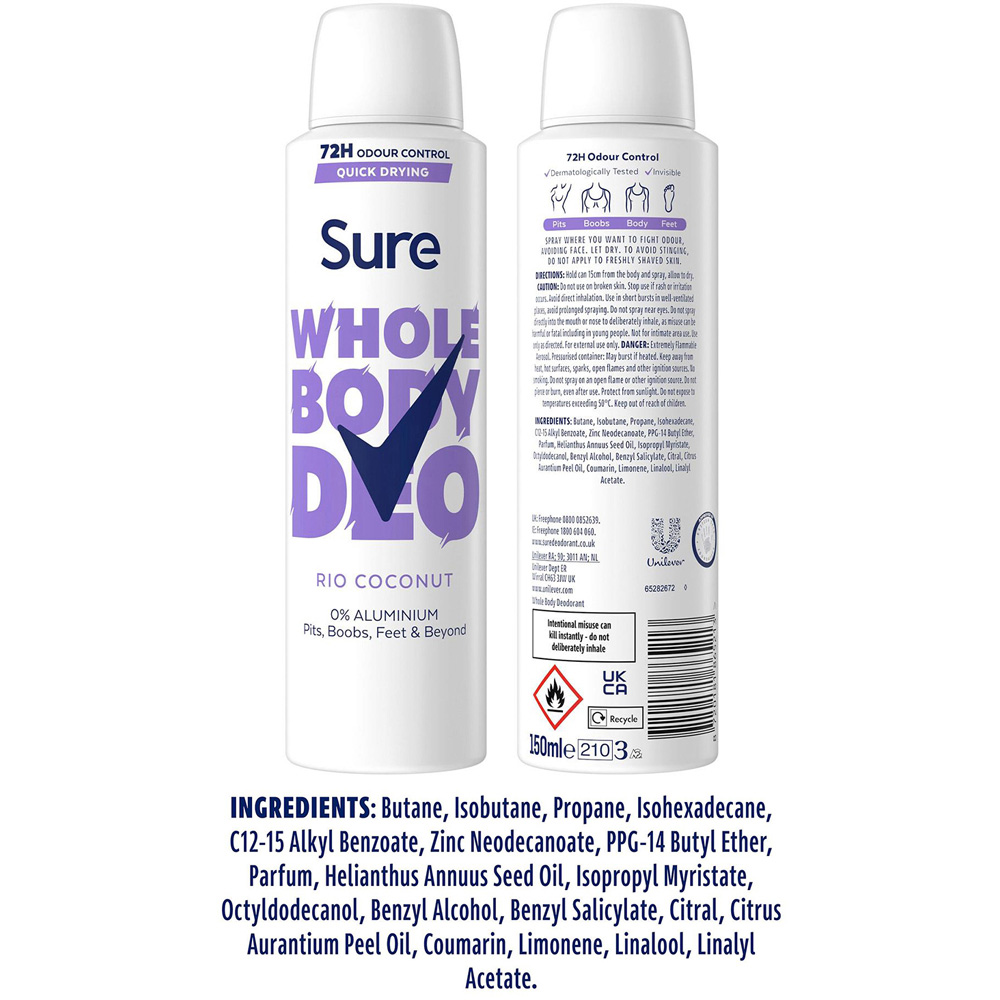 Sure Whole Body Rio Coconut 72H Odour Control Deodorant Cream 150ml 6 Pack Image 7