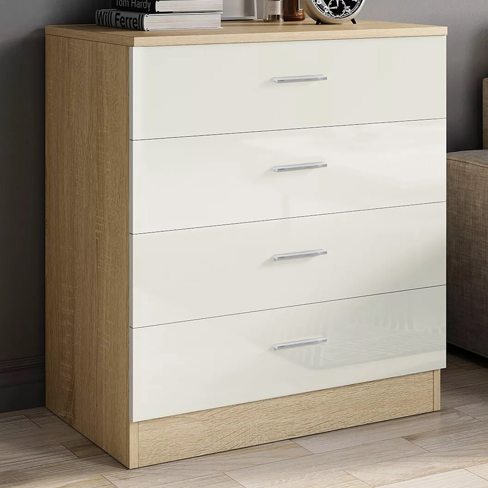 Brooklyn 4 Drawer Oak and Cream High Gloss Chest of Drawers Image 1