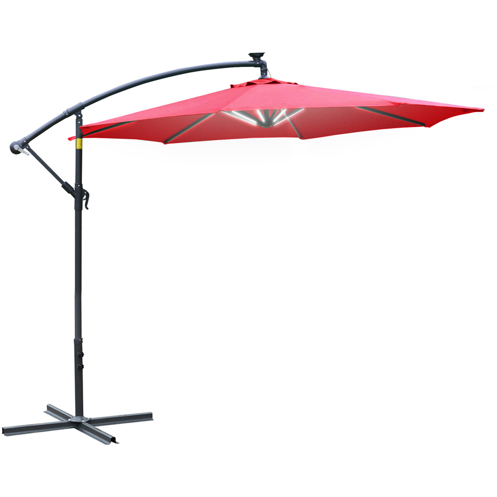 Outsunny Red Solar LED Crank Handle Cantilever Banana Parasol 3m Image 1