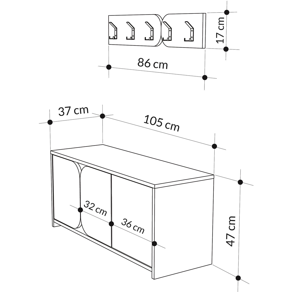 Decortie Moni 3 Door White and Dark Oak Shoe Cabinet with 5 Hook Hanger and Fabric Seat Image 7