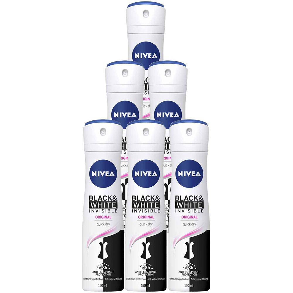 Nivea Black and White Invisible Original Anti Perspirant Deodorant Spray Case of 6 x 150ml Image 1