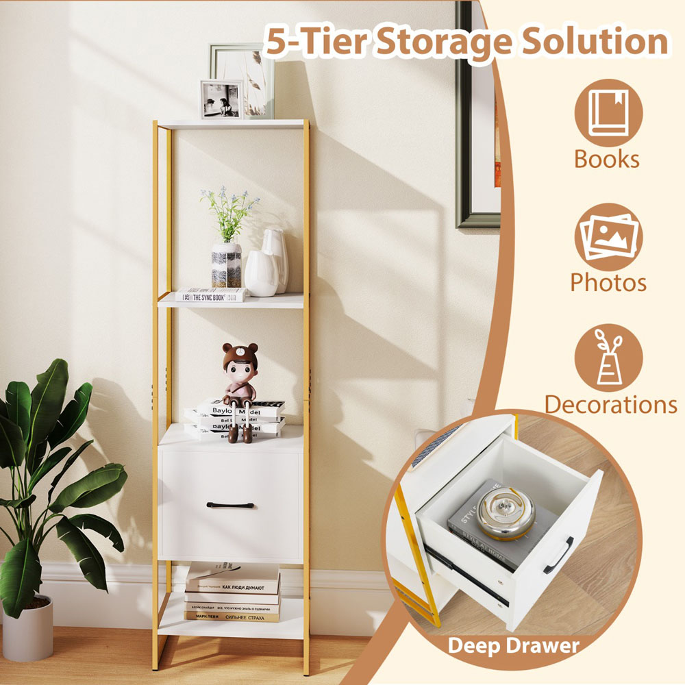 Costway 5 Tier White Metal Tall Bookshelf Image 8